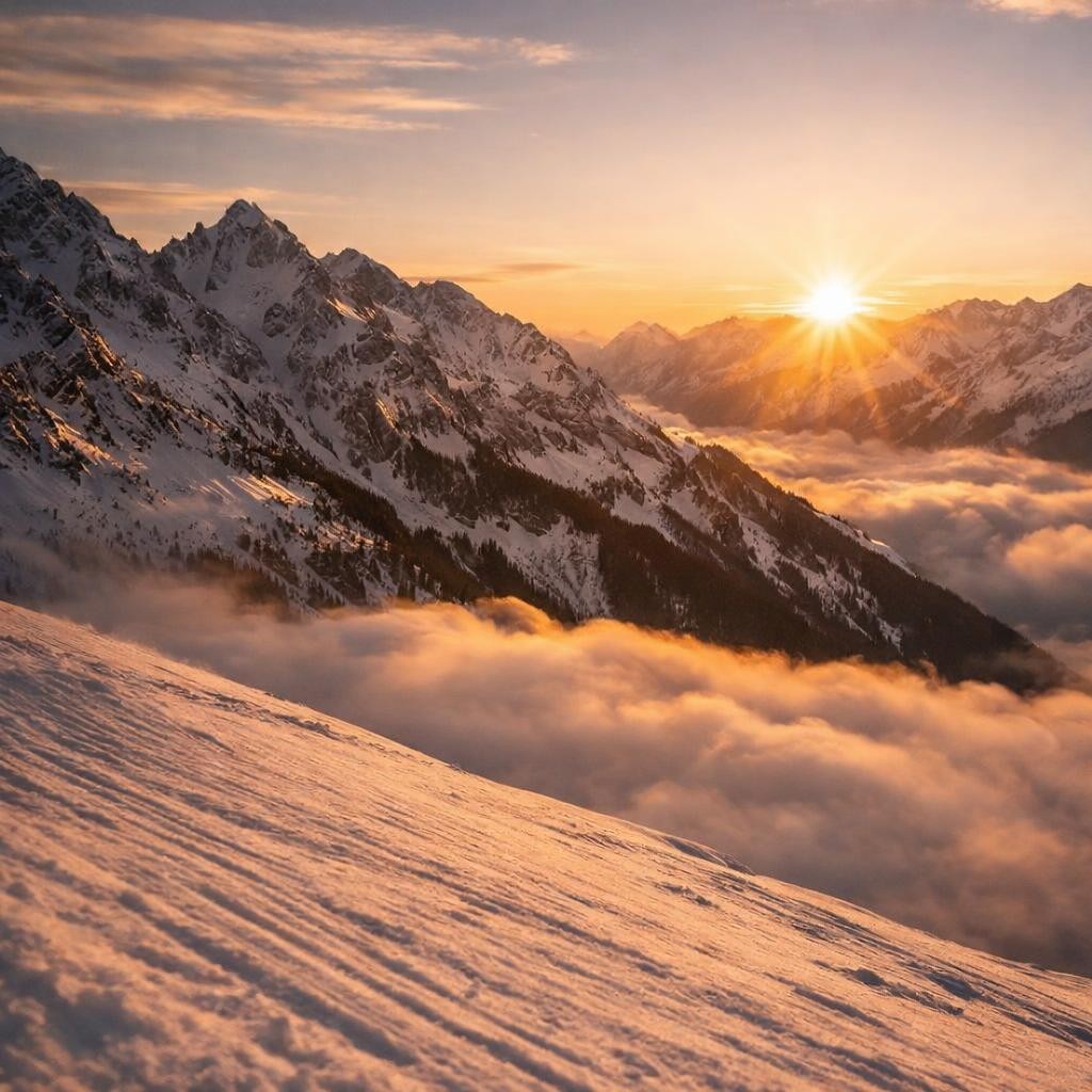 Snowboarder dressed in orange and black gear riding down snowy slope at sunset with mountain background