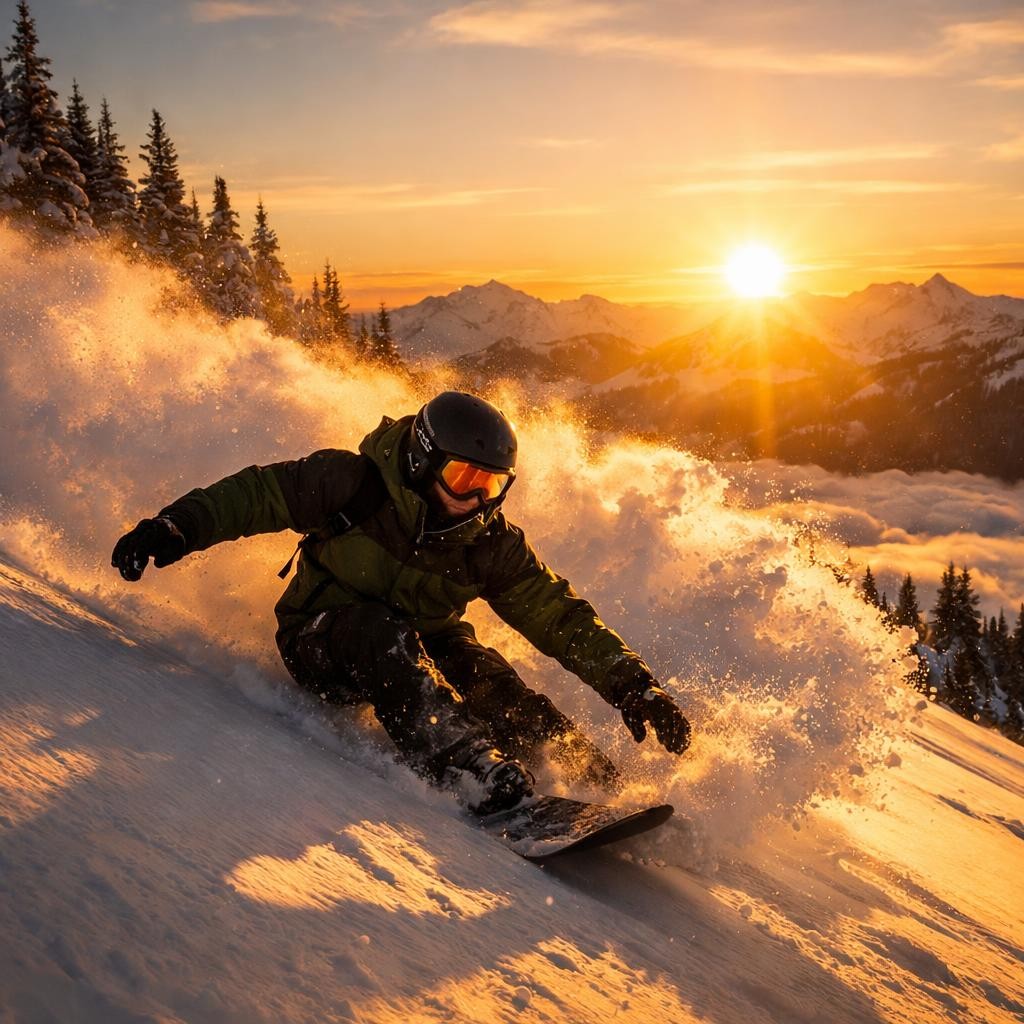 Snowboarder in black helmet and green jacket riding down snow-covered mountain at sunset