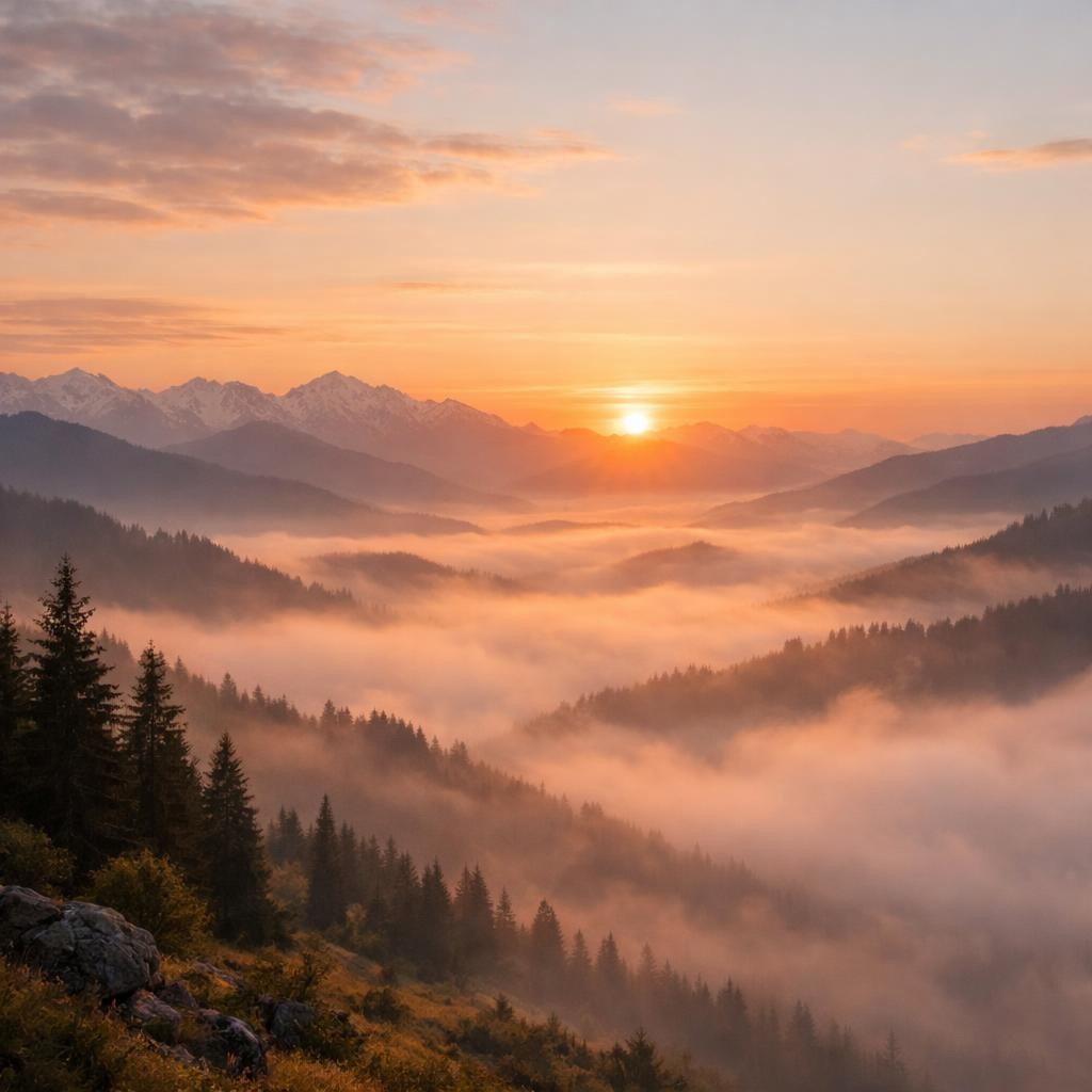 Sun rising over snow-capped mountains with mist in forested valleys