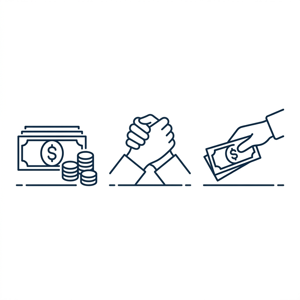 Icons of money stack with coins, two open hands, and a hand holding cash