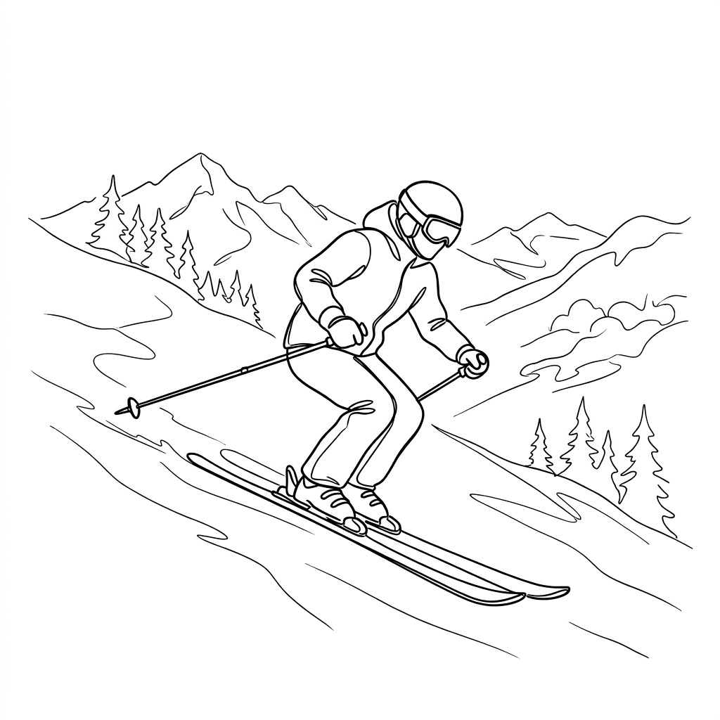 Line drawing of a skier wearing goggles and winter clothing skiing downhill on a mountain slope with trees and mountains in the background.
