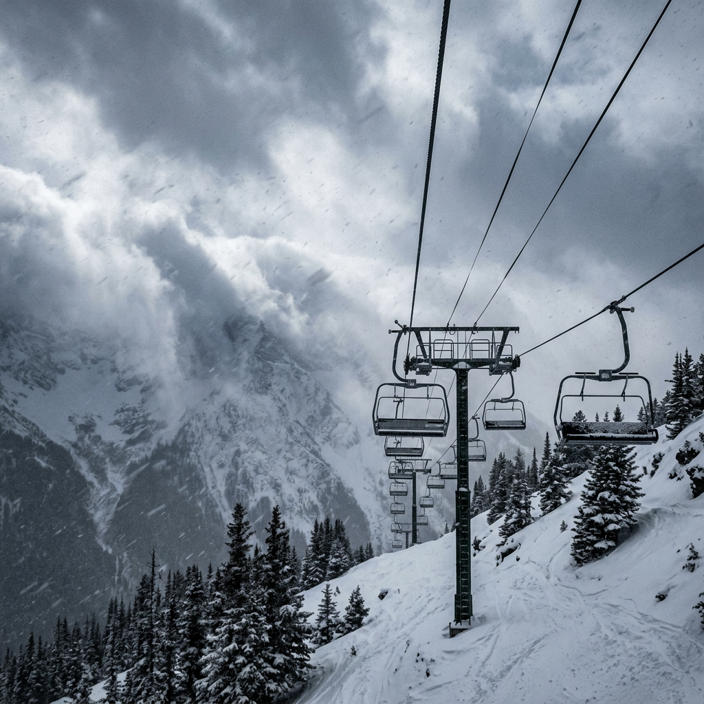 Empty chairlift in mountain snowstorm with clouds