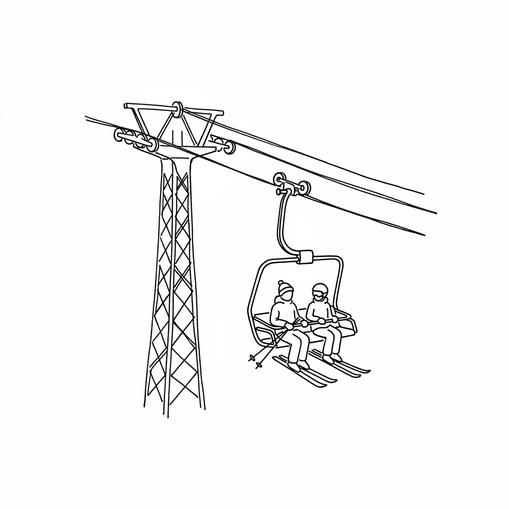 Two people wearing winter clothes sitting on a ski lift chair with skis, suspended from cables attached to a tall support tower
