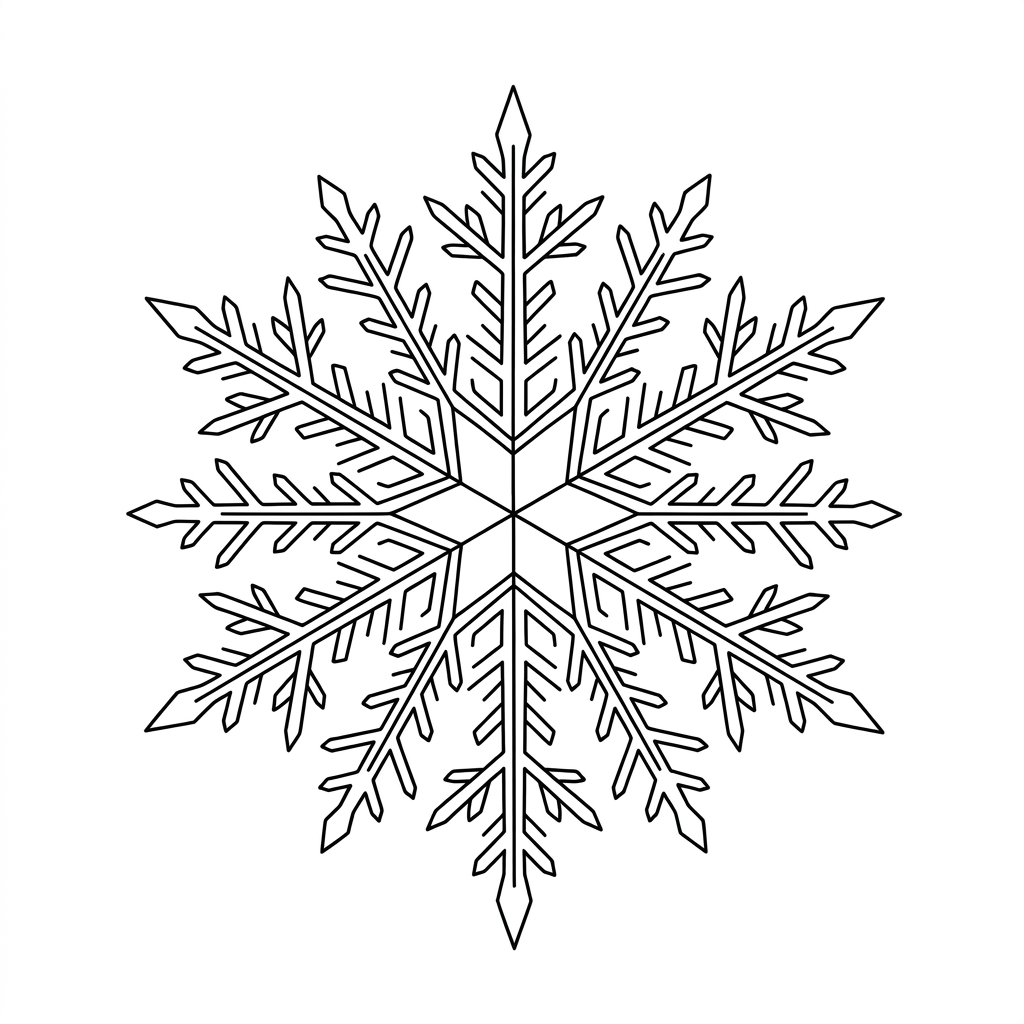 Black line drawing of a symmetrical six-branched snowflake with intricate patterns on a white background