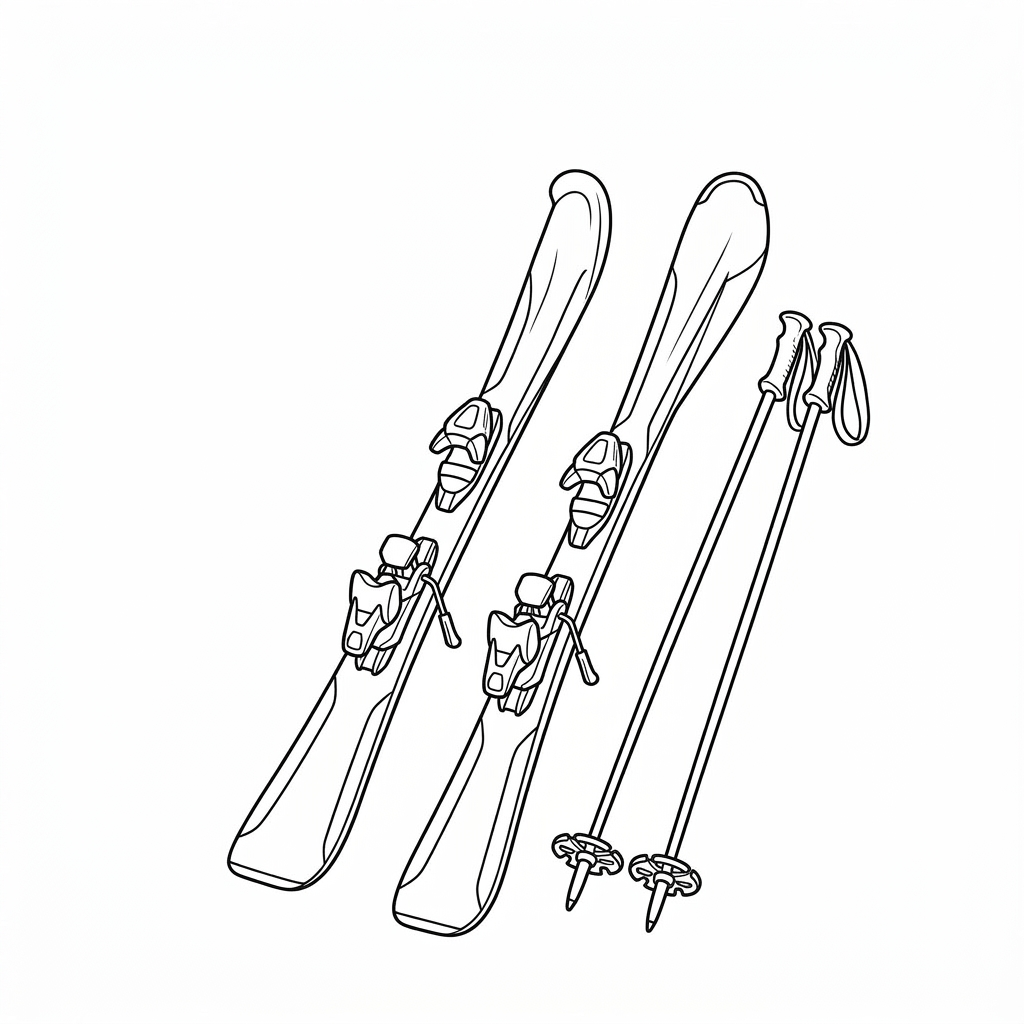 Pair of skis with bindings alongside two ski poles
