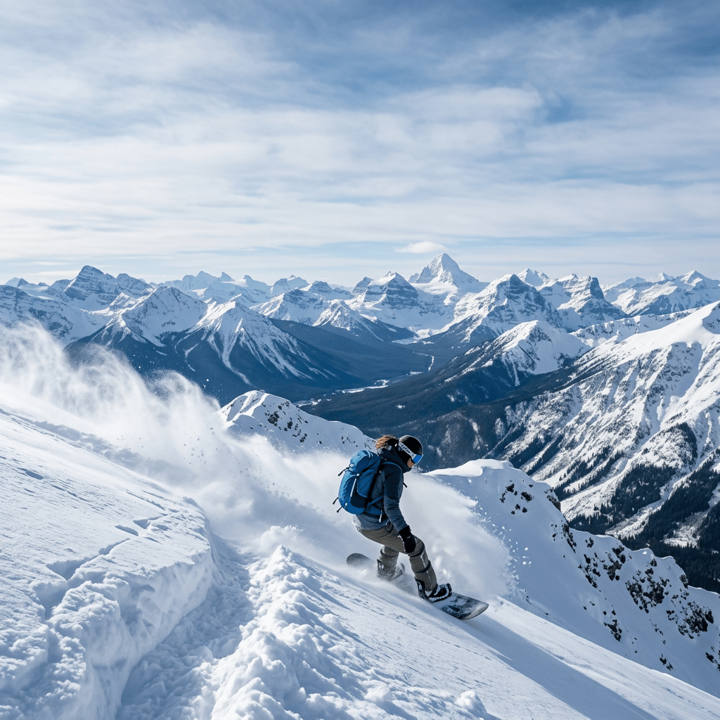 Snowboarder descending powdery slope with expansive snow-covered mountain range behind