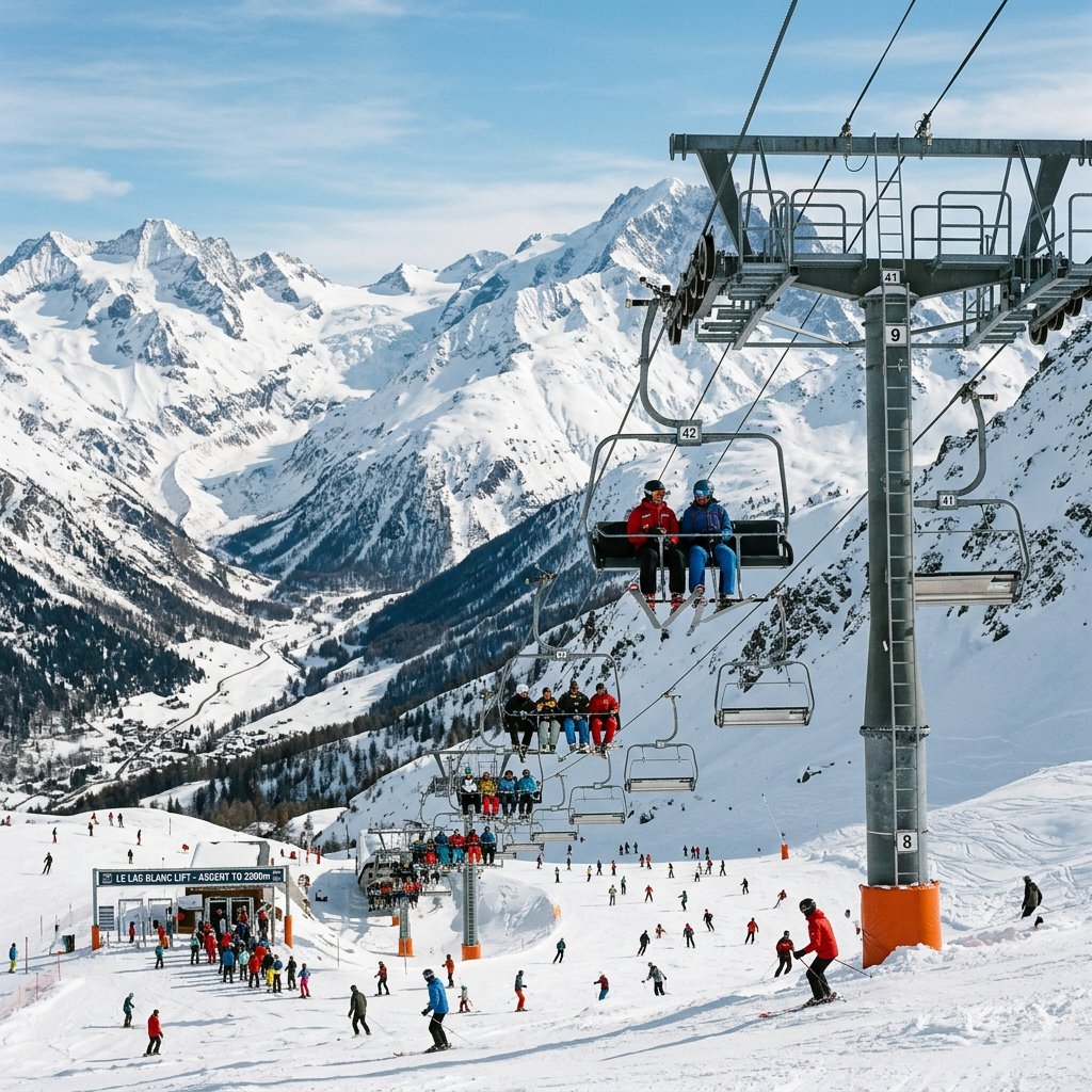 Skiers on snowy mountain slopes with chairlift carrying people upward
