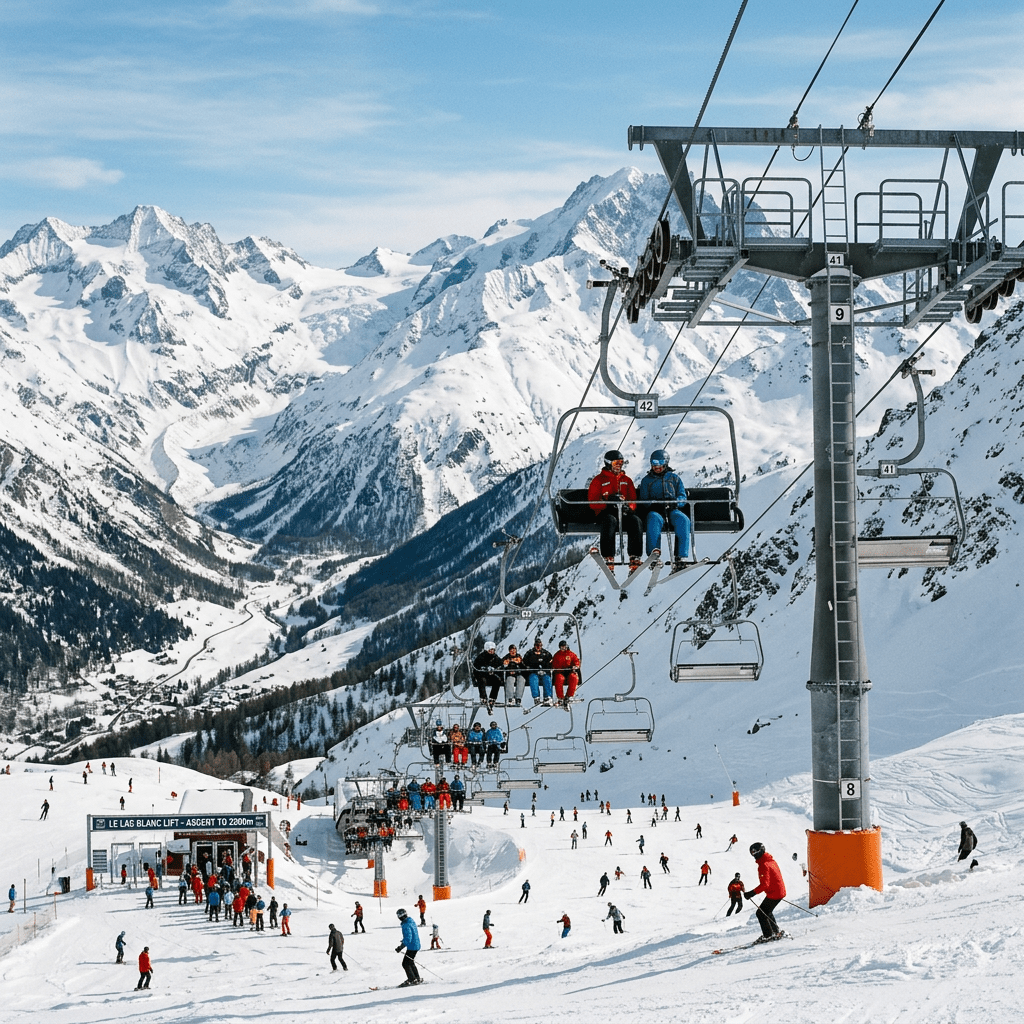 Skiers on snowy mountain slopes with chairlift carrying people upward